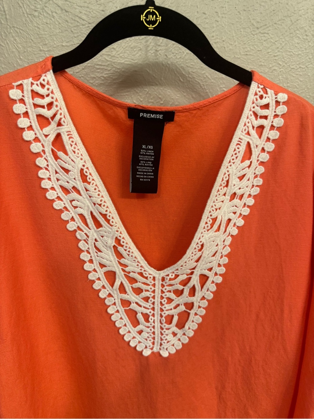 Premise Coral V-Neck Linen/Rayon Blouse with White Crochet Trim